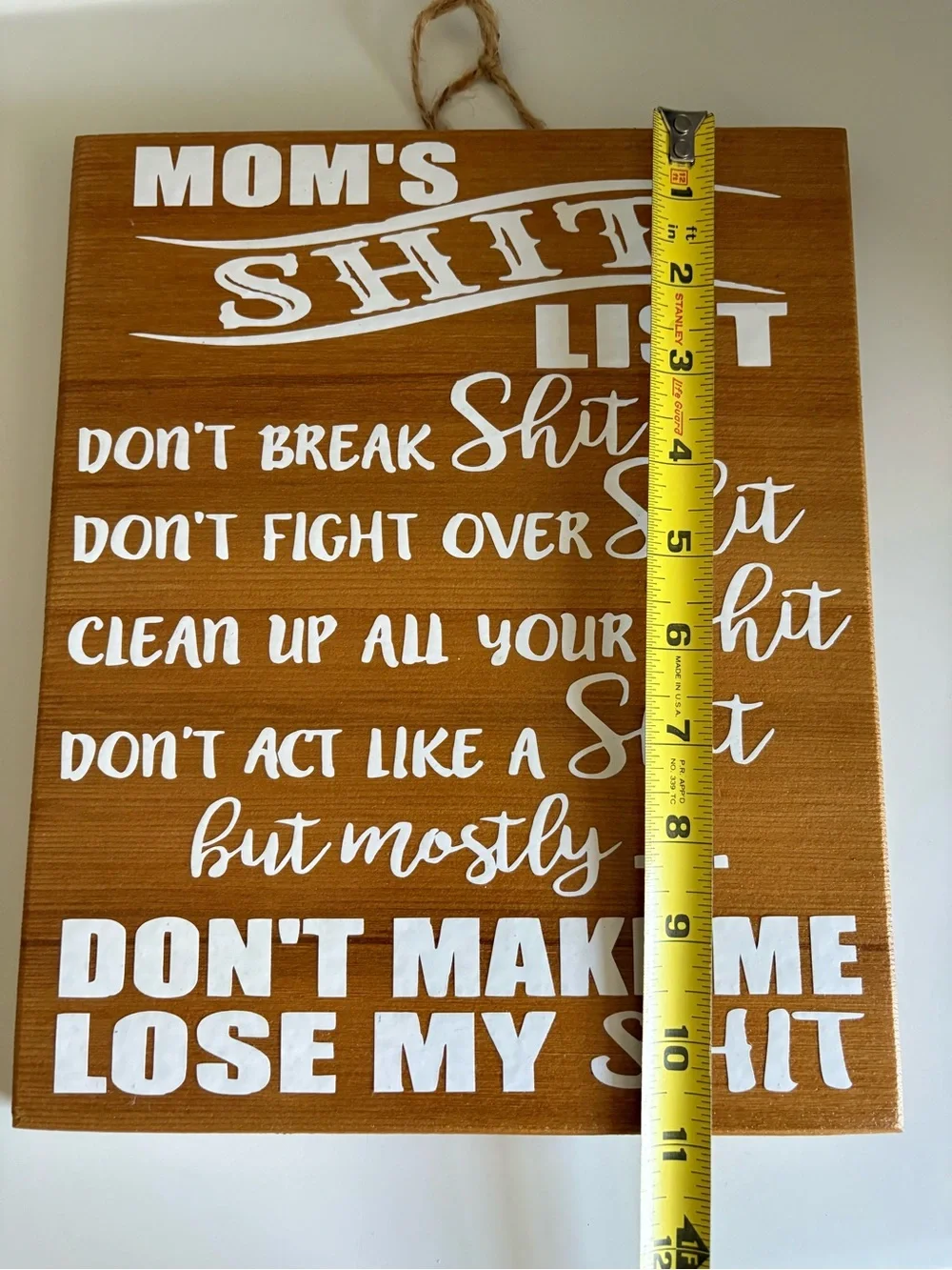 Mom's Shit List Wooden Wall Sign - Brown & White Rustic Typography